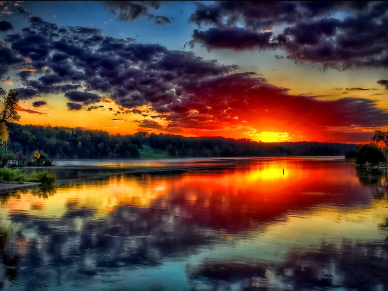 Sunset over Lake — Red, Dramatic, Photograph, Clouds, Trees, Reflection