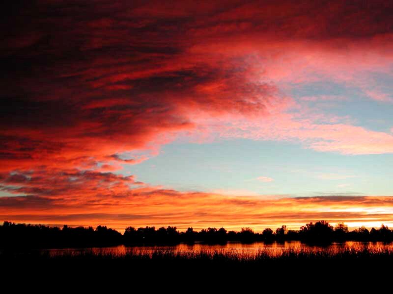 Sunset over Lake — Red, Dramatic, Photograph, Clouds, Trees