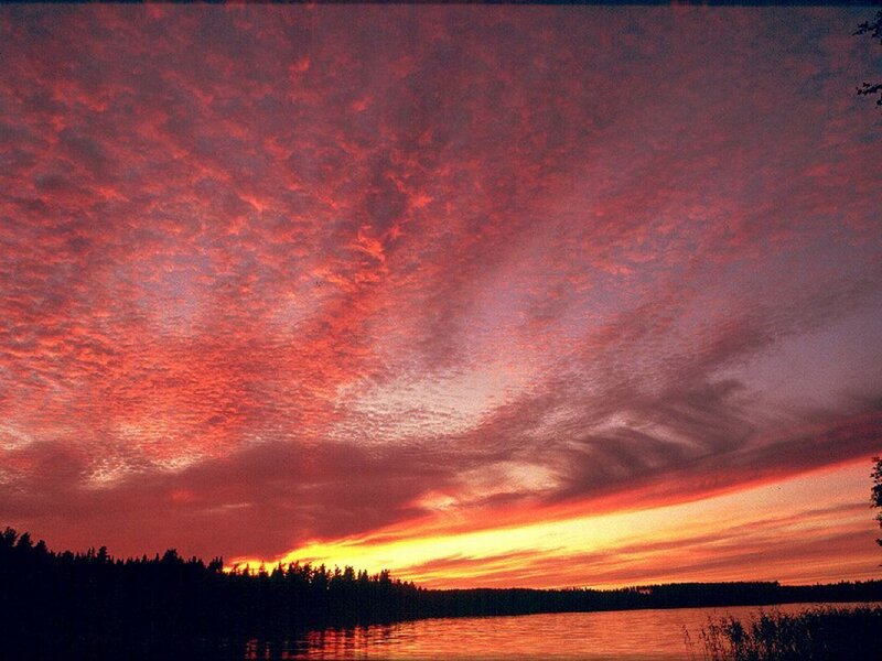 Sunset over Lake — Red, Dramatic, Photograph, Clouds, Trees, Water