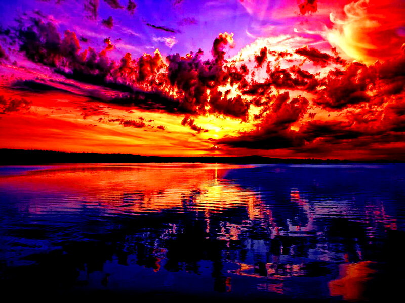Sunset over Lake — Red, Dramatic, Photograph, Clouds, Water, Sky