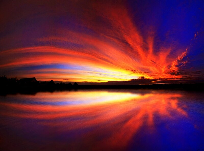 Sunset over Lake — Red, Dramatic, Photograph, Clouds, Water