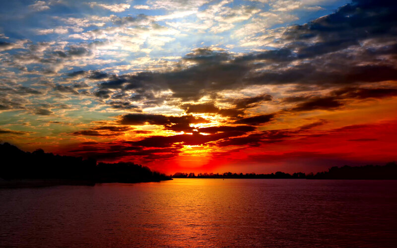 Sunset over Lake — Red, Dramatic, Photograph, Clouds, Water, Trees