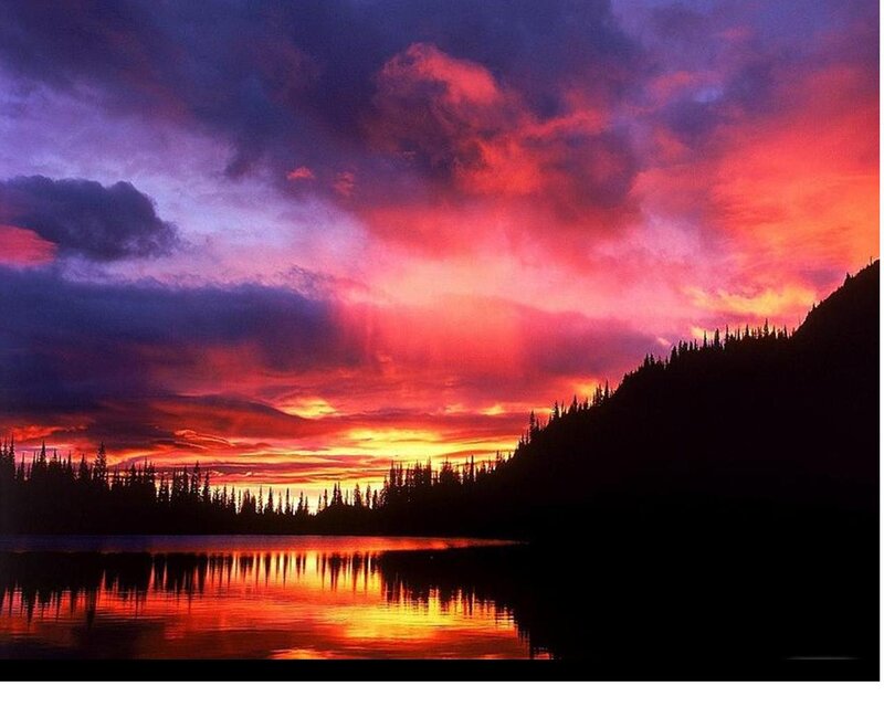 Sunset over Lake — Red, Dramatic, Photograph, Mountain, Forest