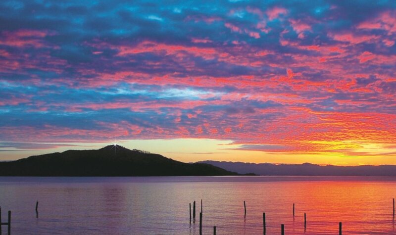 Sunset over Lake — Red, Dramatic, Photograph, Mountain