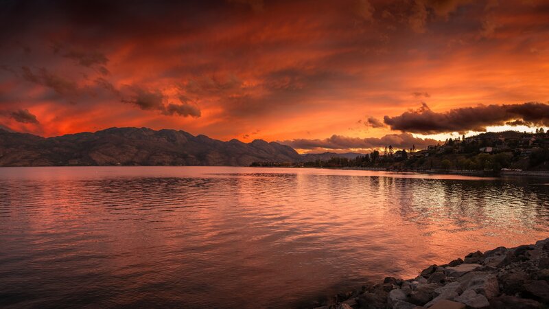 Sunset over Lake — Red, Dramatic, Photograph, Mountains, Clouds, Rocks