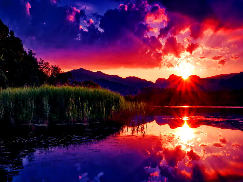 Sunset over Lake — Red, Dramatic, Photograph, Mountains, Clouds