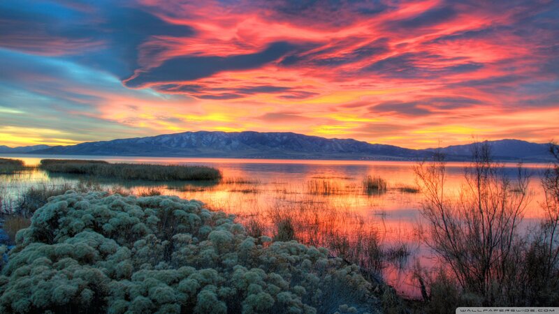 Sunset over Lake — Red, Dramatic, Photograph, Mountains, Reeds, Clouds
