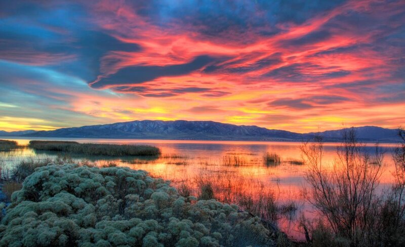 Sunset over Lake — Red, Dramatic, Photograph, Mountains, Reeds