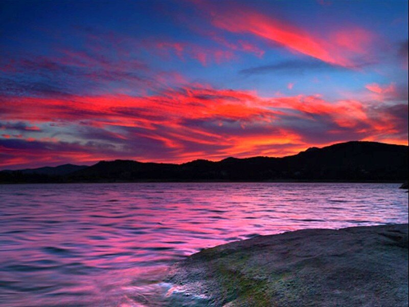Sunset over Lake — Red, Dramatic, Photograph, Mountains, Sky, Water