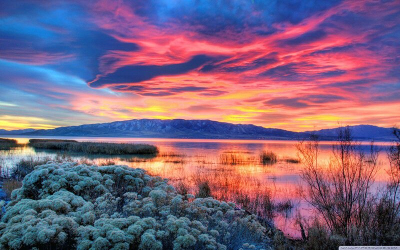 Sunset over Lake — Red, Dramatic, Photograph, Mountains