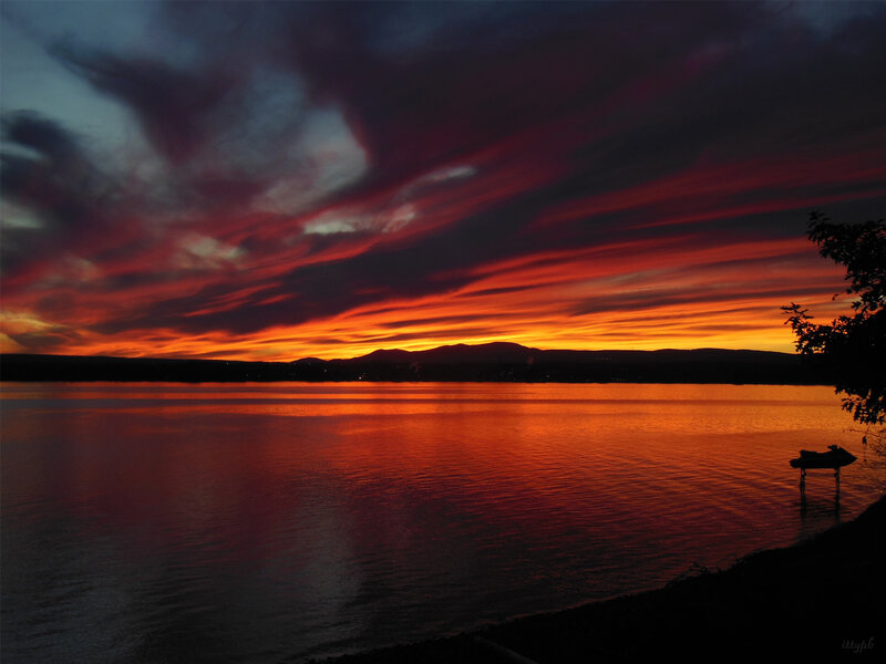 Sunset over Lake — Red, Dramatic, Photograph, Mountains, Tree