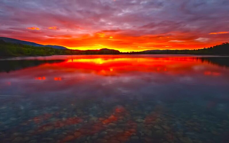 Sunset over Lake — Red, Dramatic, Photograph, Mountains, Trees, Sky, Orange
