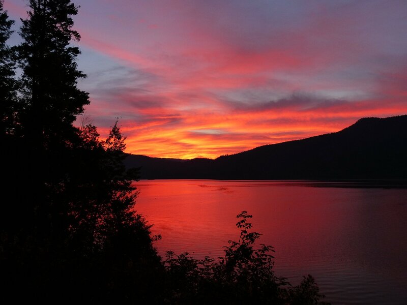 Sunset over Lake — Red, Dramatic, Photograph, Mountains, Trees, Sky