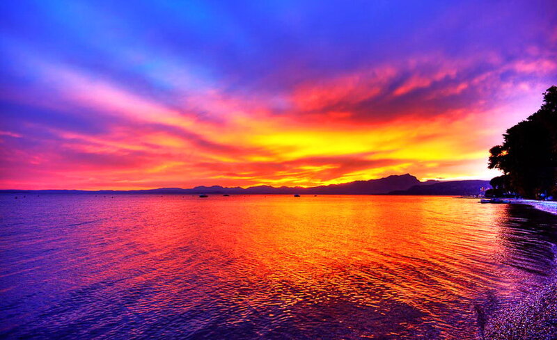 Sunset over Lake — Red, Dramatic, Photograph, Mountains, Trees