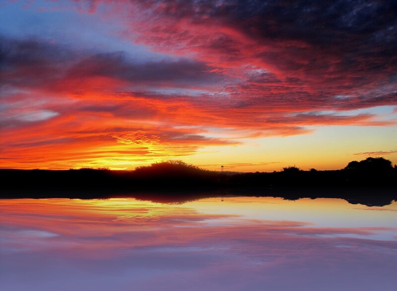 Sunset over Lake — Red, Dramatic, Photograph, Sky, Clouds, Silhouette