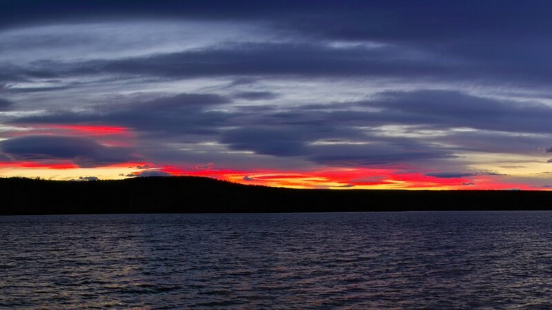 Sunset over Lake — Red, Dramatic, Photograph, Sky, Clouds, Water, Hill