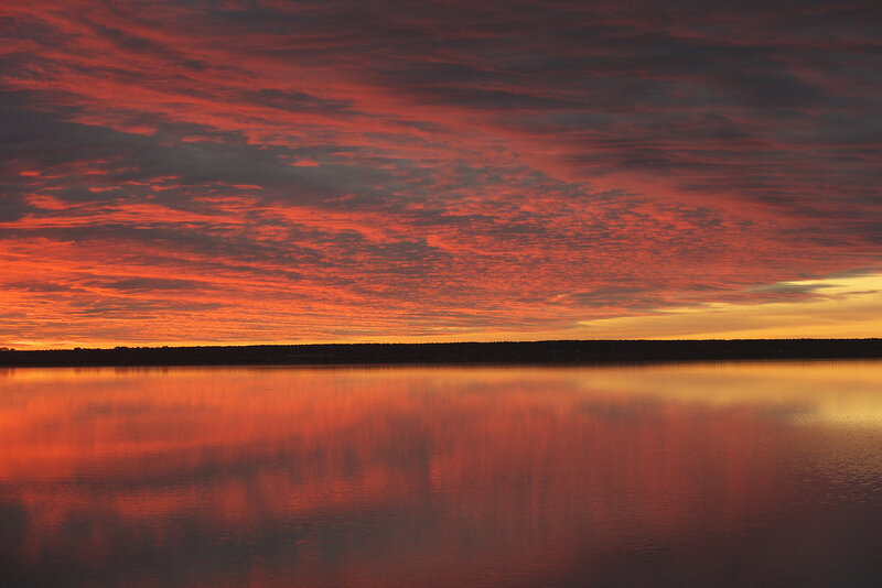 Sunset over Lake — Red, Dramatic, Photograph, Sky, Clouds, Water