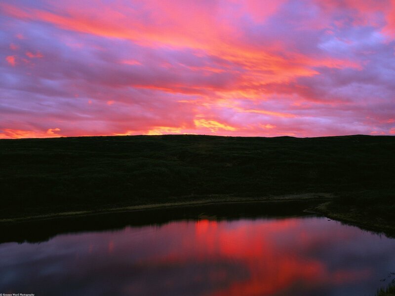 Sunset over Lake — Red, Dramatic, Photograph, Sky, Hills