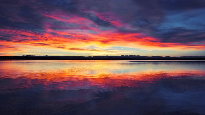 Sunset over Lake — Red, Dramatic, Photograph, Sky, Mountains