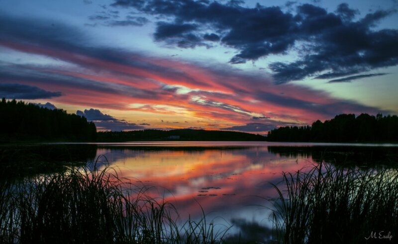 Sunset over Lake — Red, Dramatic, Photograph, Sky, Trees, Grass
