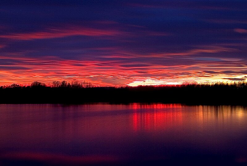 Sunset over Lake — Red, Dramatic, Photograph, Sky, Trees, Reflection