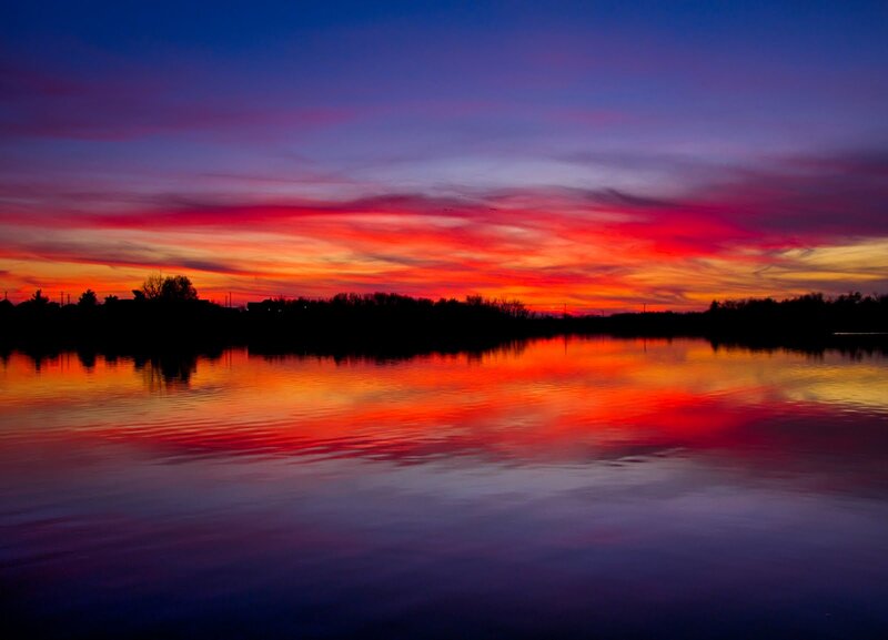 Sunset over Lake — Red, Dramatic, Photograph, Sky, Trees
