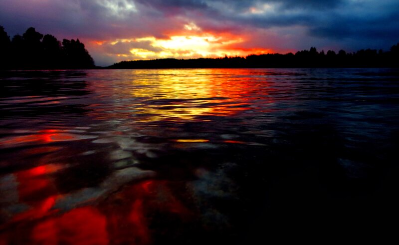 Sunset over Lake — Red, Dramatic, Photograph, Sky, Trees, Water