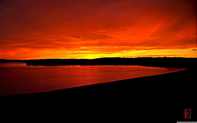 Sunset over Lake — Red, Dramatic, Photograph, Sky, Water, Land
