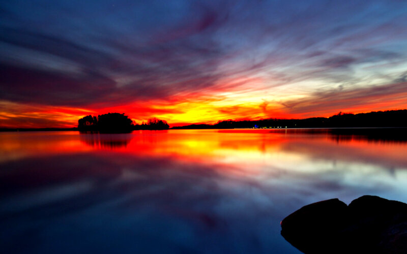 Sunset over Lake — Red, Dramatic, Photograph, Sky, Water