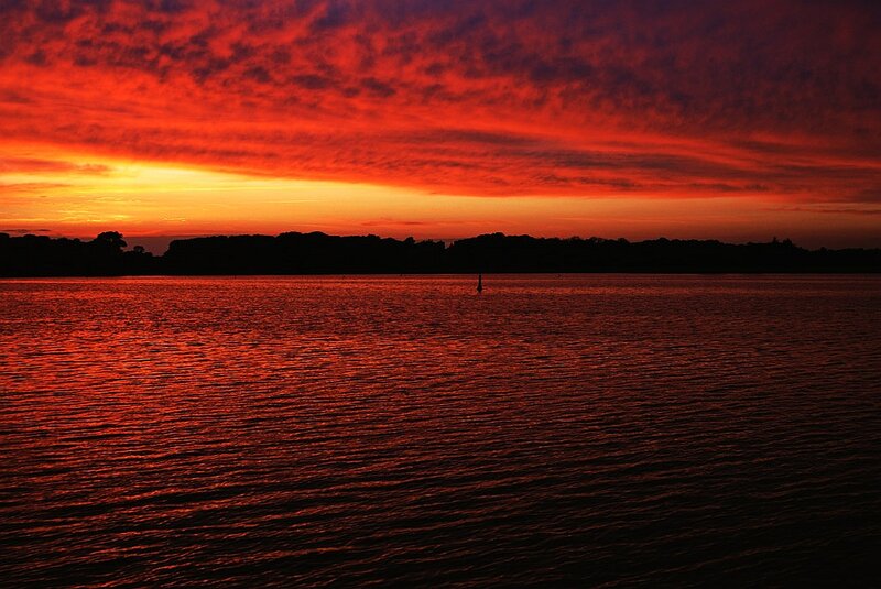 Sunset over Lake — Red, Dramatic, Photograph, Sky, Water, Trees