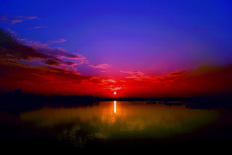 Sunset over Lake — Red, Dramatic, Photograph, Sun, Clouds, Silhouette