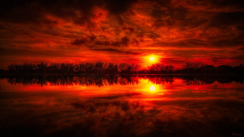 Sunset over Lake — Red, Dramatic, Photograph, Sun, Clouds