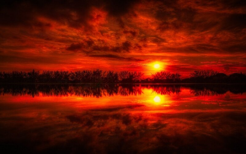 Sunset over Lake — Red, Dramatic, Photograph, Sun, Clouds, Trees