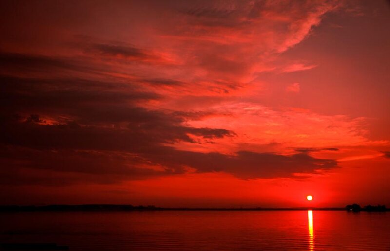 Sunset over Lake — Red, Dramatic, Photograph, Sun, Clouds, Water