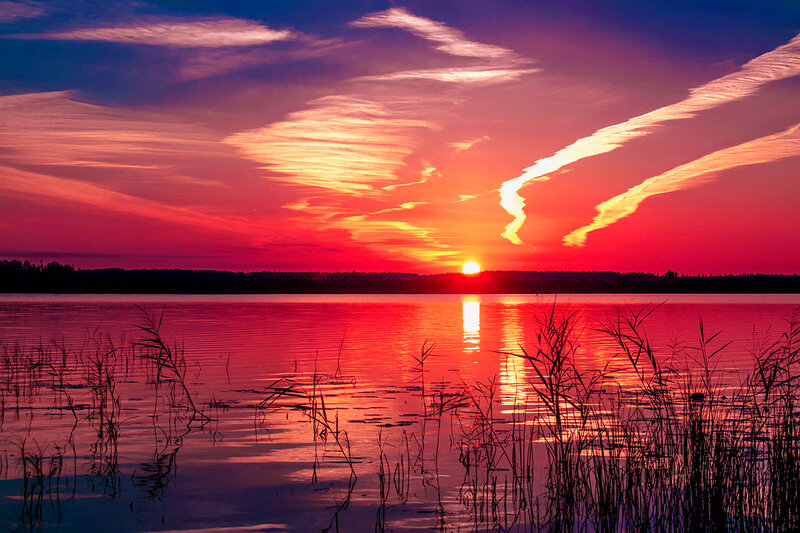 Sunset over Lake — Red, Dramatic, Photograph, Sun, Sky