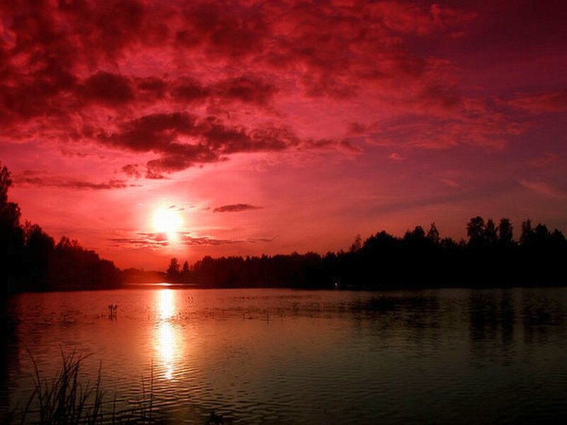 Sunset over Lake — Red, Dramatic, Photograph, Sun