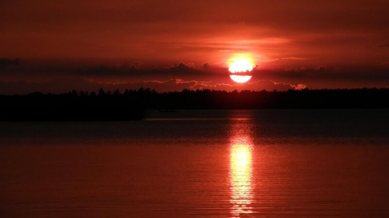 Sunset over Lake — Red, Dramatic, Photograph, Sun, Trees, Reflection