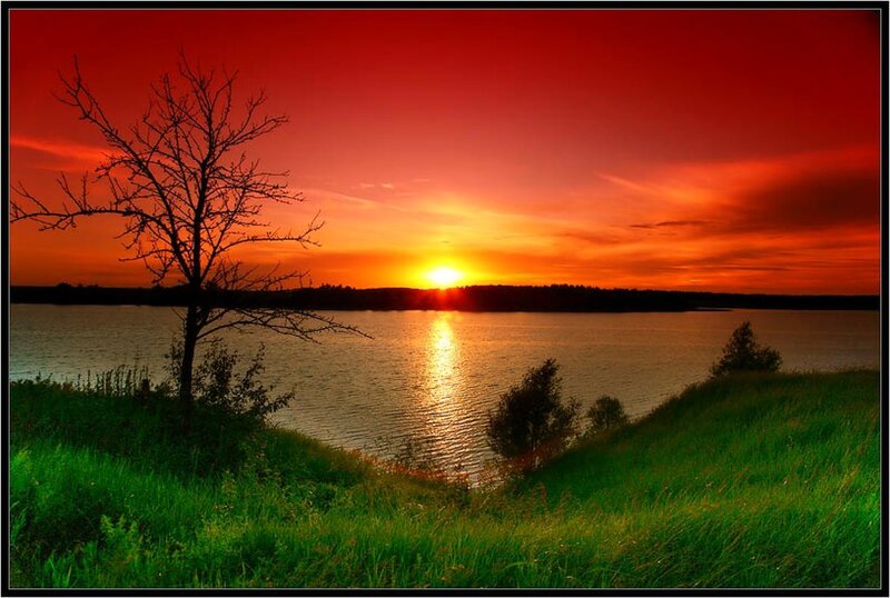 Sunset over Lake — Red, Dramatic, Photograph