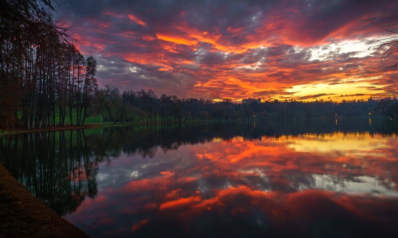 Sunset over Lake — Red, Dramatic, Photograph, Trees, Clouds, Reflection