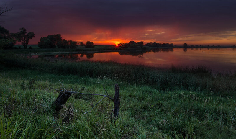 Sunset over Lake — Red, Dramatic, Photograph, Trees, Grass