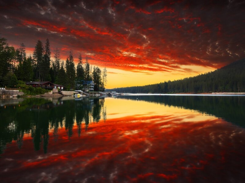 Sunset over Lake — Red, Dramatic, Photograph, Trees, Houses
