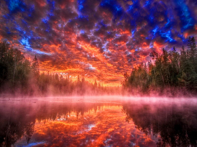 Sunset over Lake — Red, Dramatic, Photograph, Trees, Mist