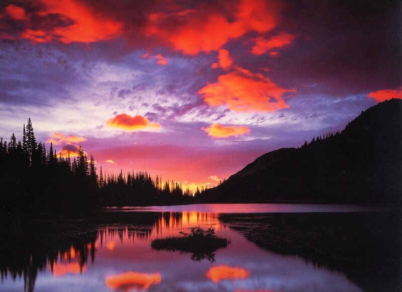 Sunset over Lake — Red, Dramatic, Photograph, Trees, Mountain