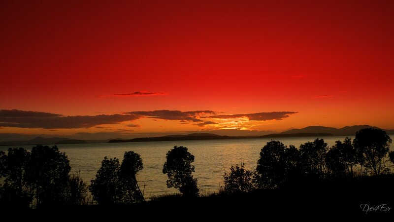 Sunset over Lake — Red, Dramatic, Photograph, Trees, Mountains, Clouds