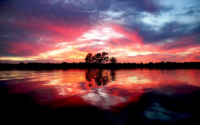 Sunset over Lake — Red, Dramatic, Photograph, Trees, Sky, Reflection, Purple