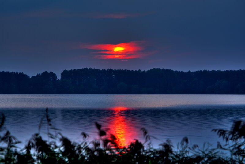 Sunset over Lake — Red, Dramatic, Photograph, Trees, Sky, Reflection