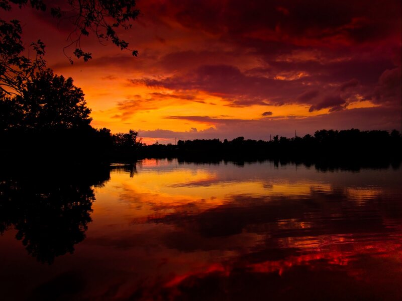 Sunset over Lake — Red, Dramatic, Photograph, Trees, Sky