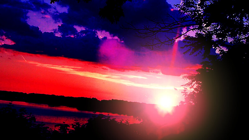 Sunset over Lake — Red, Dramatic, Photograph, Trees, Sky, Water
