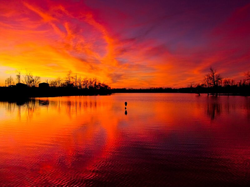Sunset over Lake — Red, Dramatic, Photograph, Trees
