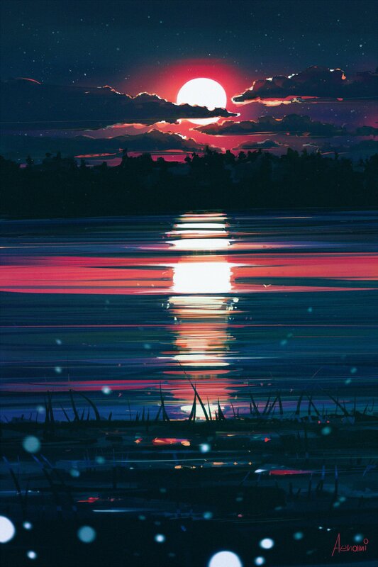 Sunset over Lake — Red, Serene, Night